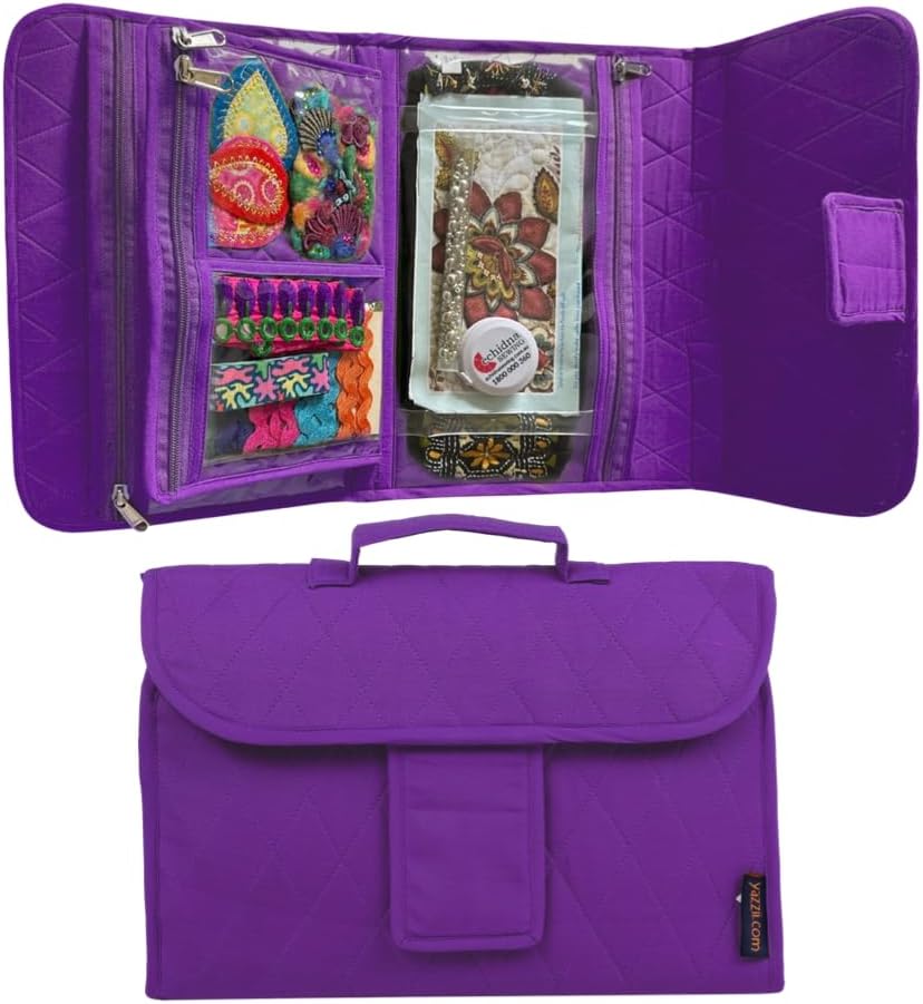 Yazzii Trifold Craft Project Case - Craft Organizer, Travel Tote Bag with Clear Pockets & Handle - Crafts, Crochet, Sewing Accessories - Purple