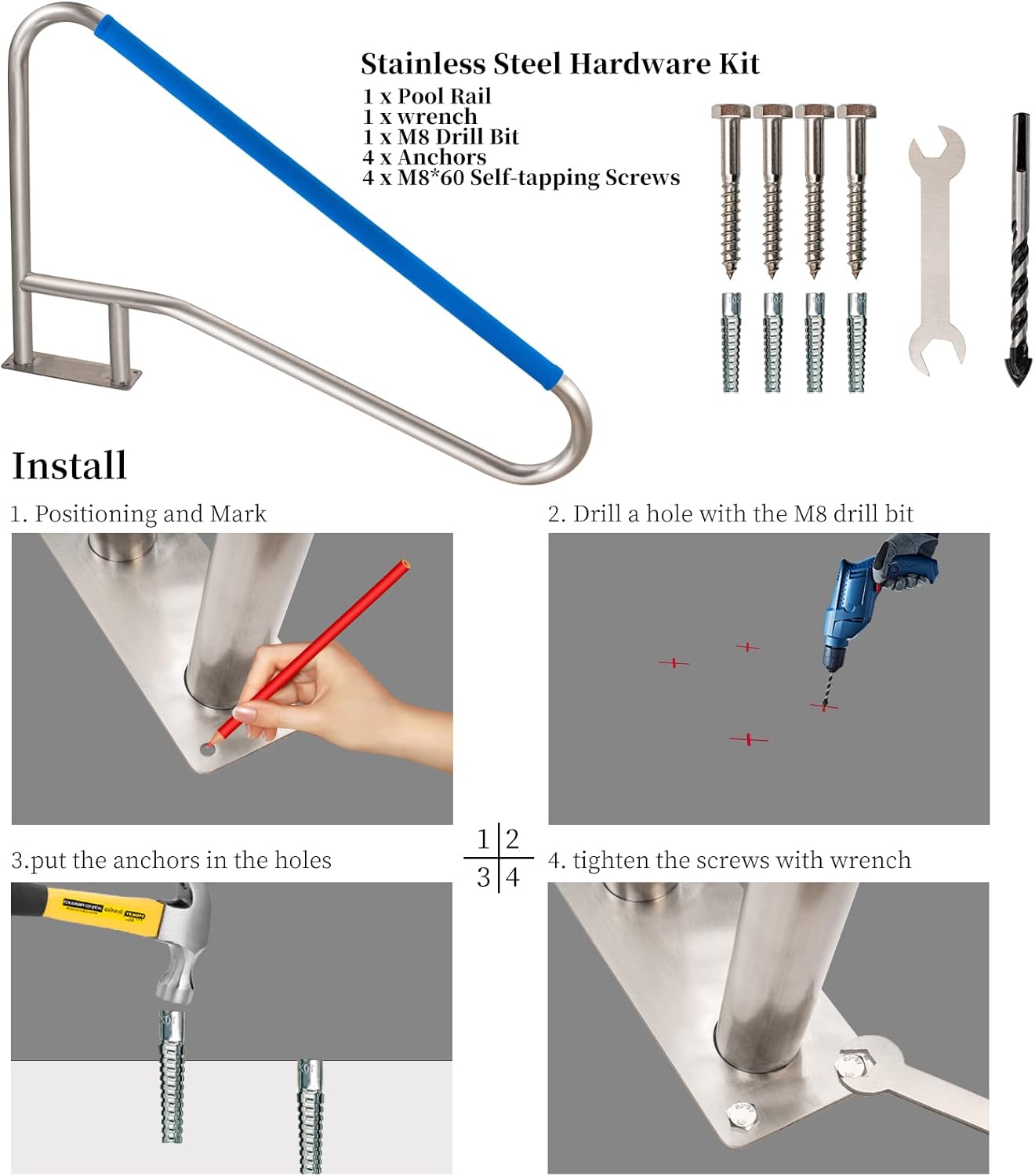 COOCURE Pool Hand Railing Deck Mounted Stair Rail for In-ground Pool,Spa,Hot tub Safety Exit Entry 304 Stainless Steel 4-Bend 54x36" Handrail with Quick Mount Base, Grips, Anchors, Screws : Patio, Lawn & Garden
