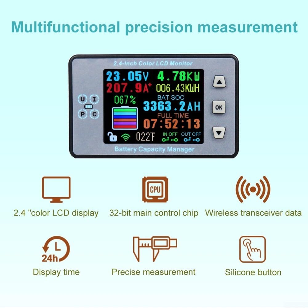 Kabelloses Batteriemessgerät für DC 12V-80V Systeme, 100A Hall-Sensor, Spannung/Strom/Ah/SOC/Temp/KWH Display, kein Shunt erforderlich, einfache zerstörungsfreie Installation