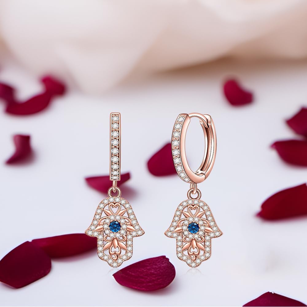Hamsa Earrings for Women 925 Sterling Siver Evil Eye Hoops Cubic Zirconia Blue Evil Eye Huggie Hoops Lucky Charm Gifts for Women - Image 7
