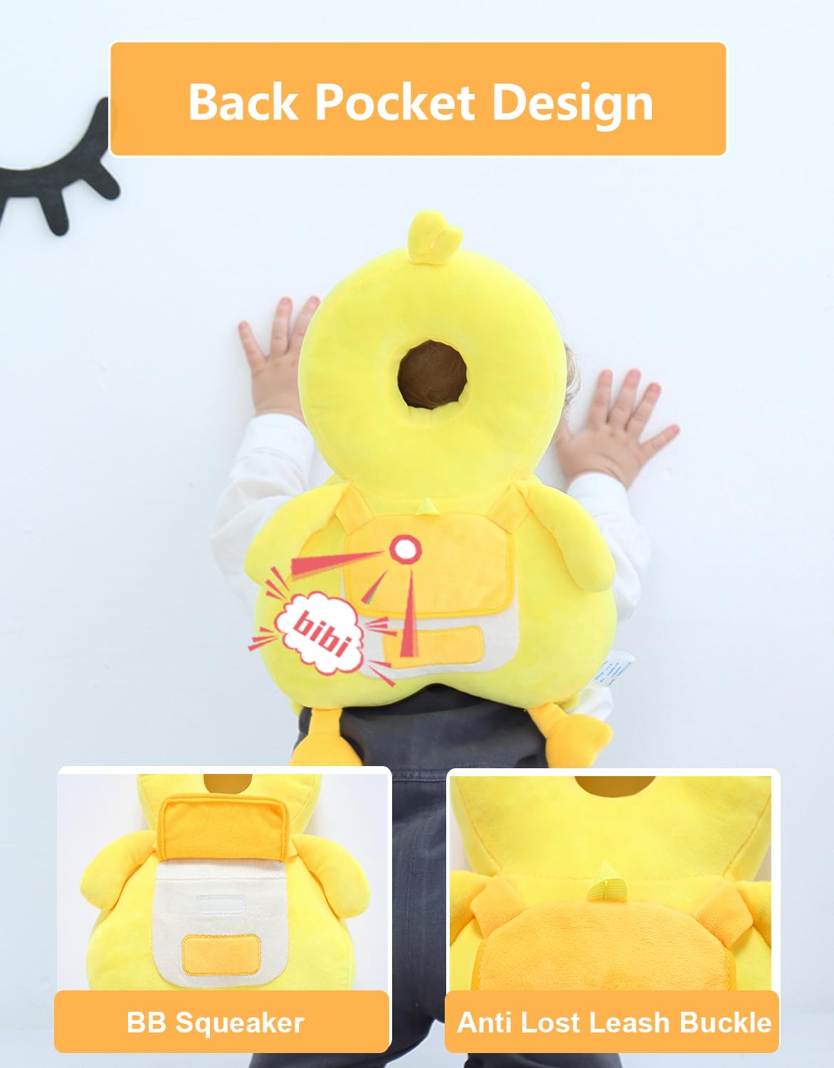 JunNeng Baby Head Protector Backpack with Squeaker, Knee Pads, Anti-Slip Socks, Yellow Duck Sets