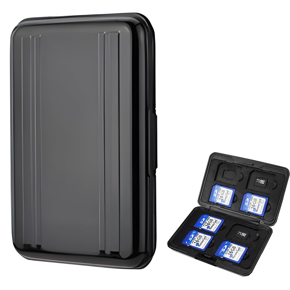 16 Scomparti Custodia per Schede di Memoria, 8 Schede SD e 8 Micro SD, per SDXC, SDHC, SD, Resistente all'Acqua, Antiurto (Nero)