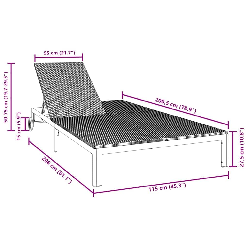 Lettino prendisole nero in polyrattan con schienale regolabile, 206 x 115 x 75 cm, lettino da giardino resistente alle intemperie, per terrazza e balcone, comodo lettino relax con telaio in