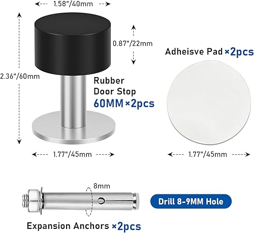 Miniatura 2 de KOLAKO Topes de puerta para la parte inferior de la puerta, tope de puerta autoadhesivo, color negro, resistente, cilíndrico, para piso, protector