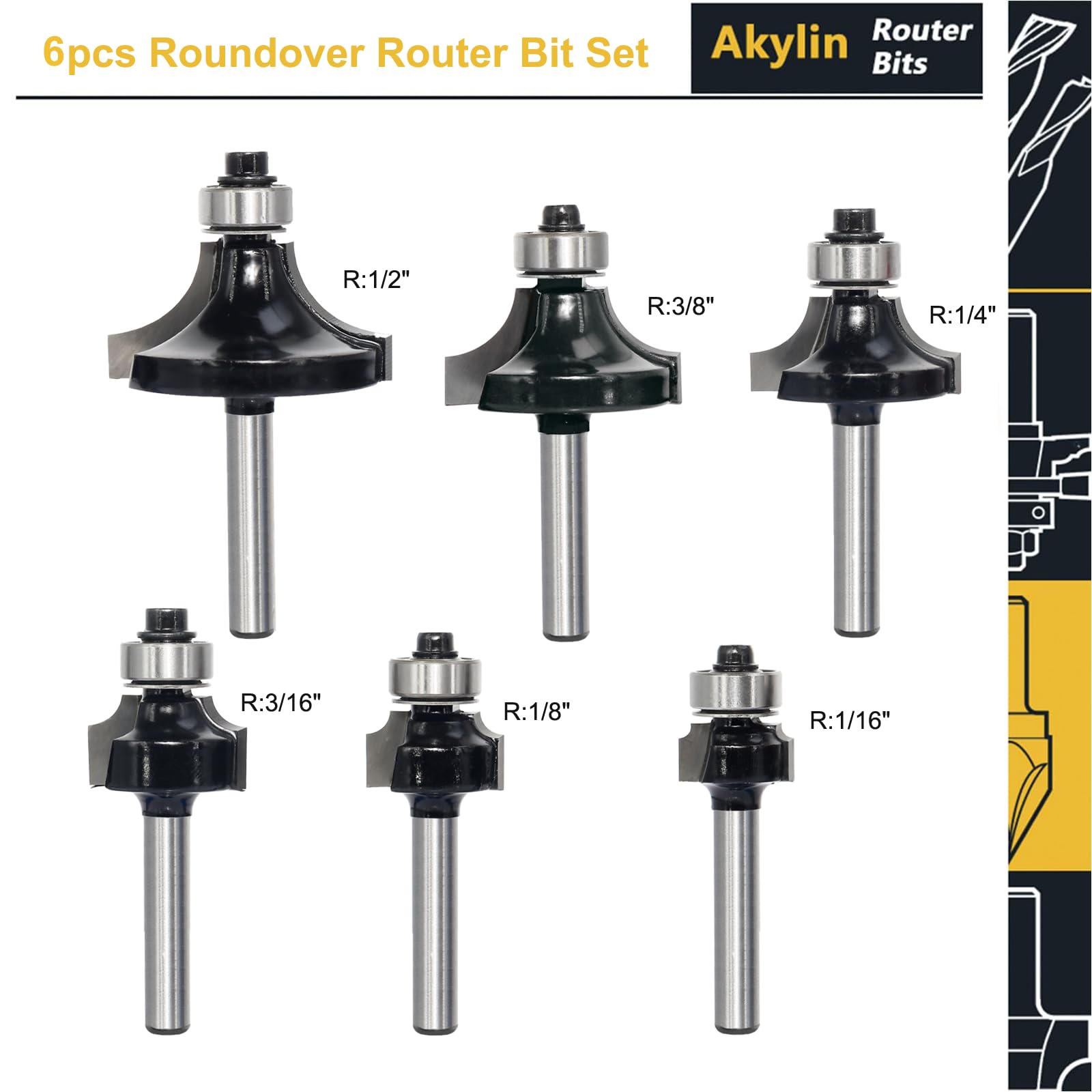 5-Piece 8mm Shank Round Over Router Bit Set - Woodworking Corner Milling Cutters For Edging & Trimming