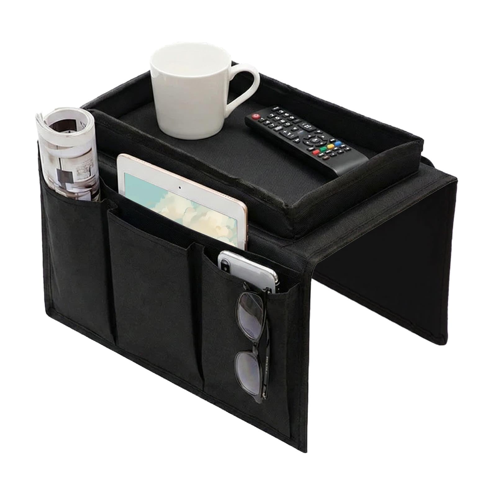 Jovrelant Sofa Armchair Tray Organizer Waterproof Non-Slip Couch Cup Holder with 4 Pockets for TV Remote Control, Snacks & Drinks Storage