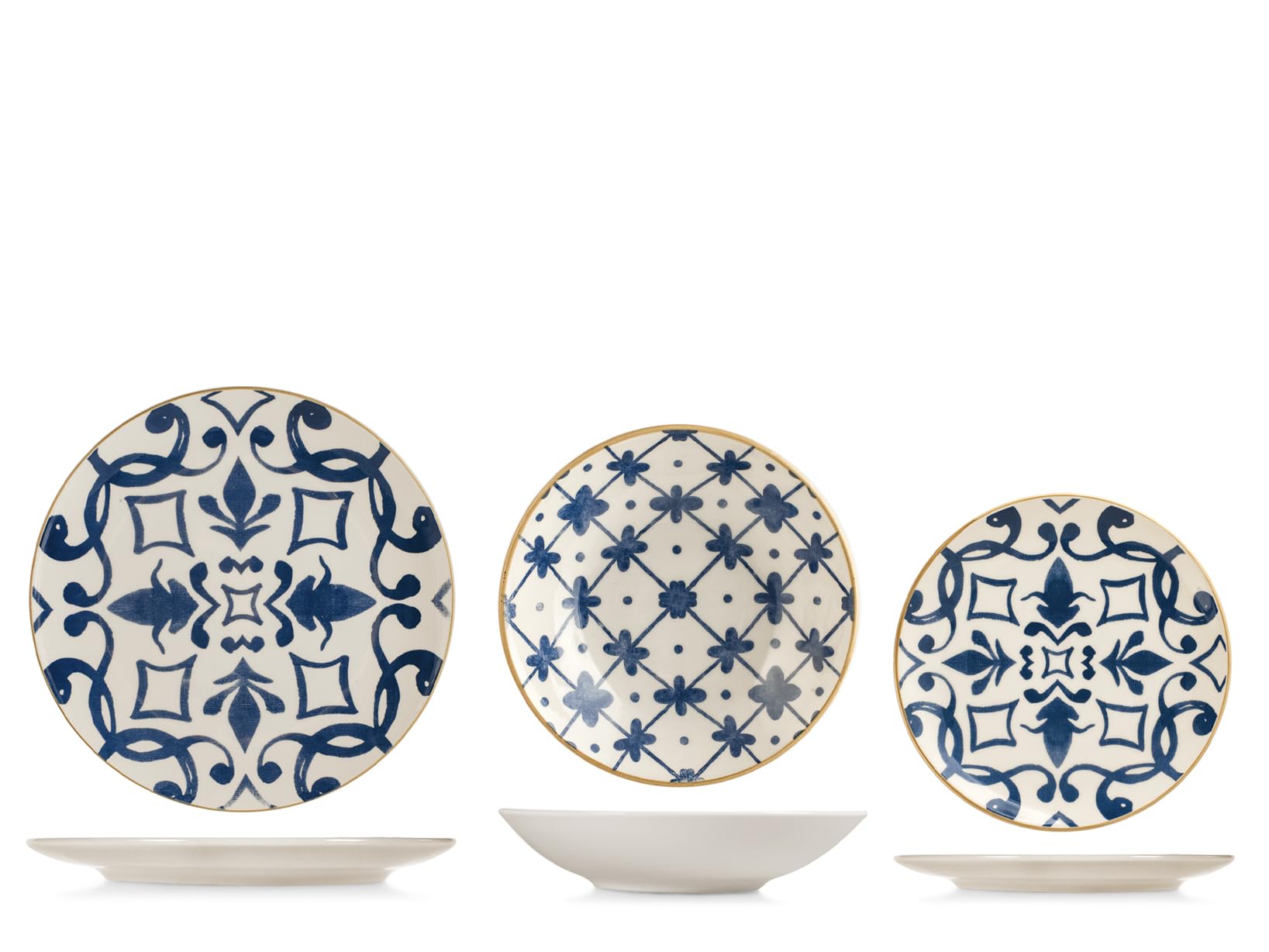 H&H Beatriz Servizio Tavola 18 Pezzi in Stoneware Decorato, Set Piatti Completo per 6 Persone, Design Blu con Motivi Floreali e Geometrici Ispirato alle Maioliche Mediterranee