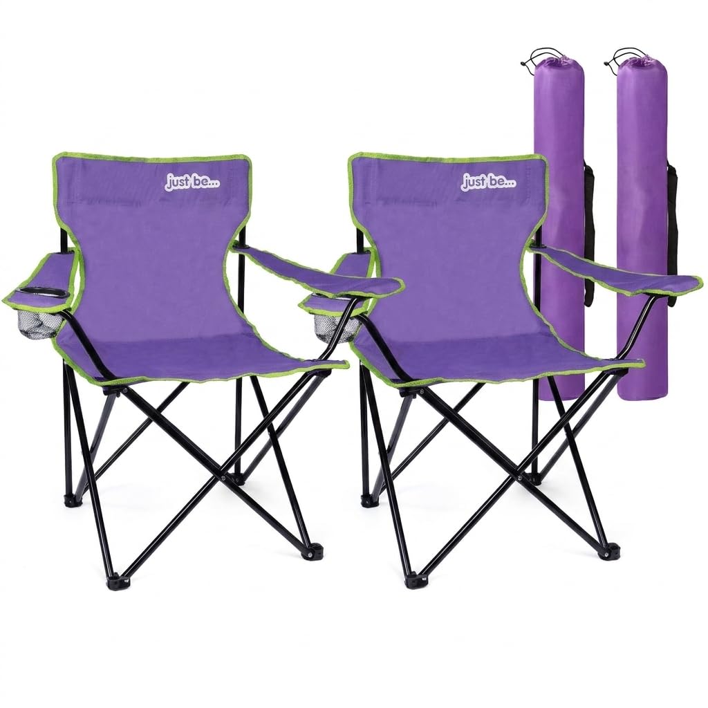 just be... Camping Chair (2 Pack) – Lightweight, Foldable & Portable Outdoor Seat with Armrests, Cup Holder & Carry Bag | For Adults & Kids | Garden, Beach, Festival & Fishing – Purple/Green Trim
