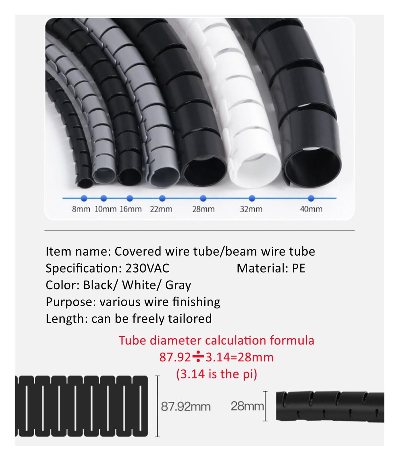 Spiralna osłona na kable. Spiral Cable Protector And Organizer Tube, White And Black, Multiple Sizes(Wit,40 MM 10 METERS)