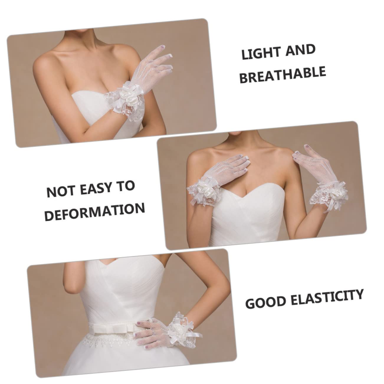 Abaodam Guantes de Novia de Malla y Encaje Floral Beige 1 Par