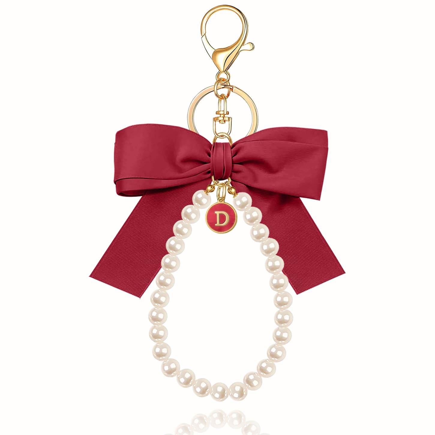 XGALBLA Initial Letter Cute Coquette Bow Keychain for Women, Wristlet Simulated Pearl Keychains Bag Charms for Handbags