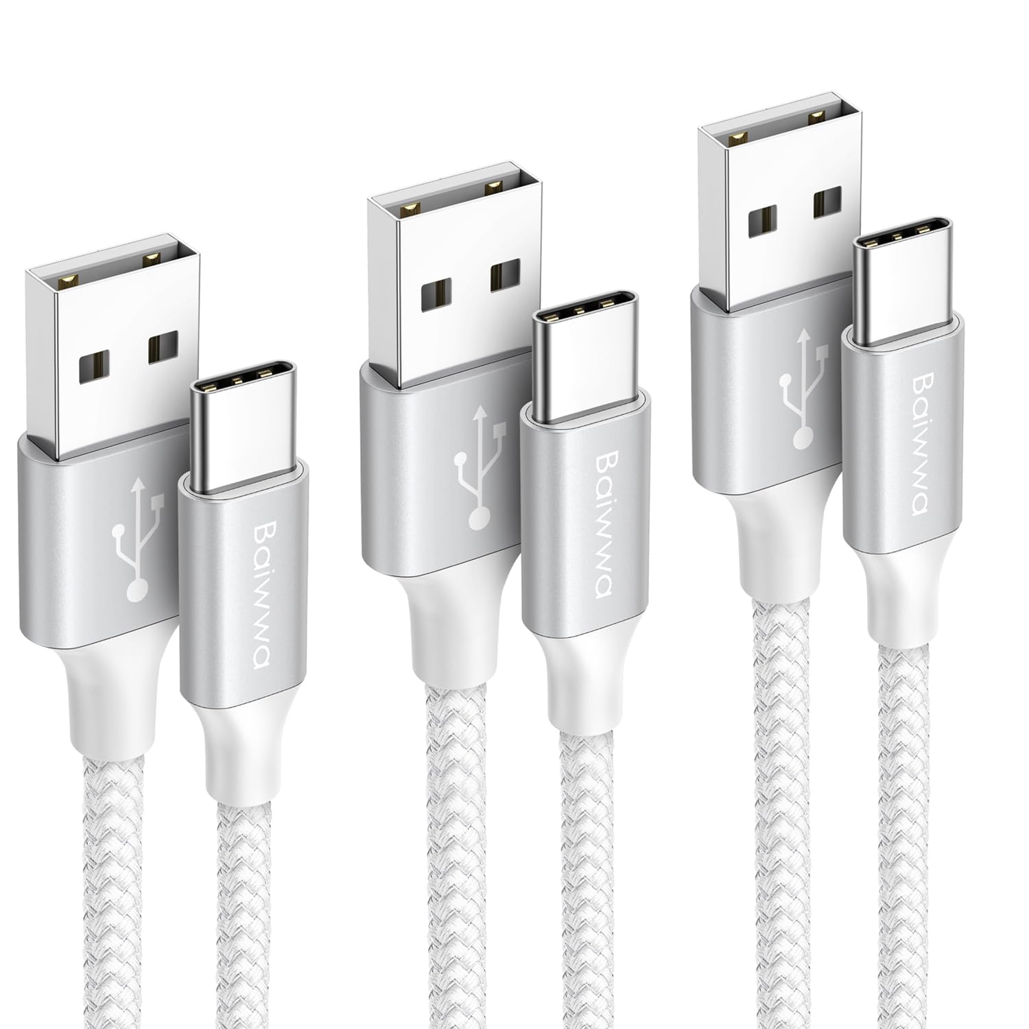 Baiwwa Cavo USB A USB C Ricarica Rapida 3.1A, [3Pezzi/1+1,5+3 Metri] Cavo USB Type-C, Nylon USBC Cavi per Samsung Galaxy S24 S25 Plus, PS5 Controller, Switch -Bianco