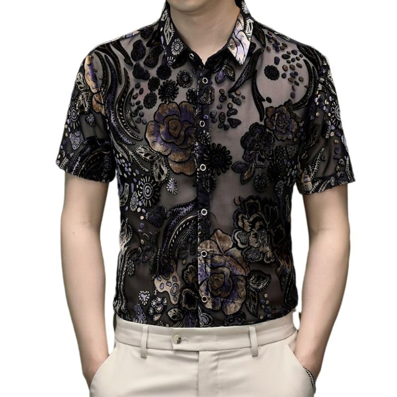 Chemise en crochet homme mince et respirante avec col rabattable tendance