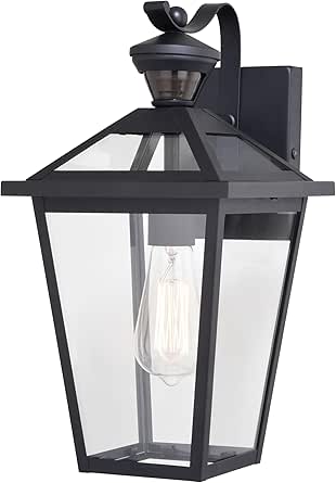 Derby 1 Light Matte Black Motion Sensor Dusk to Dawn Outdoor Wall Lantern Clear Glass Shade, LED Compatible