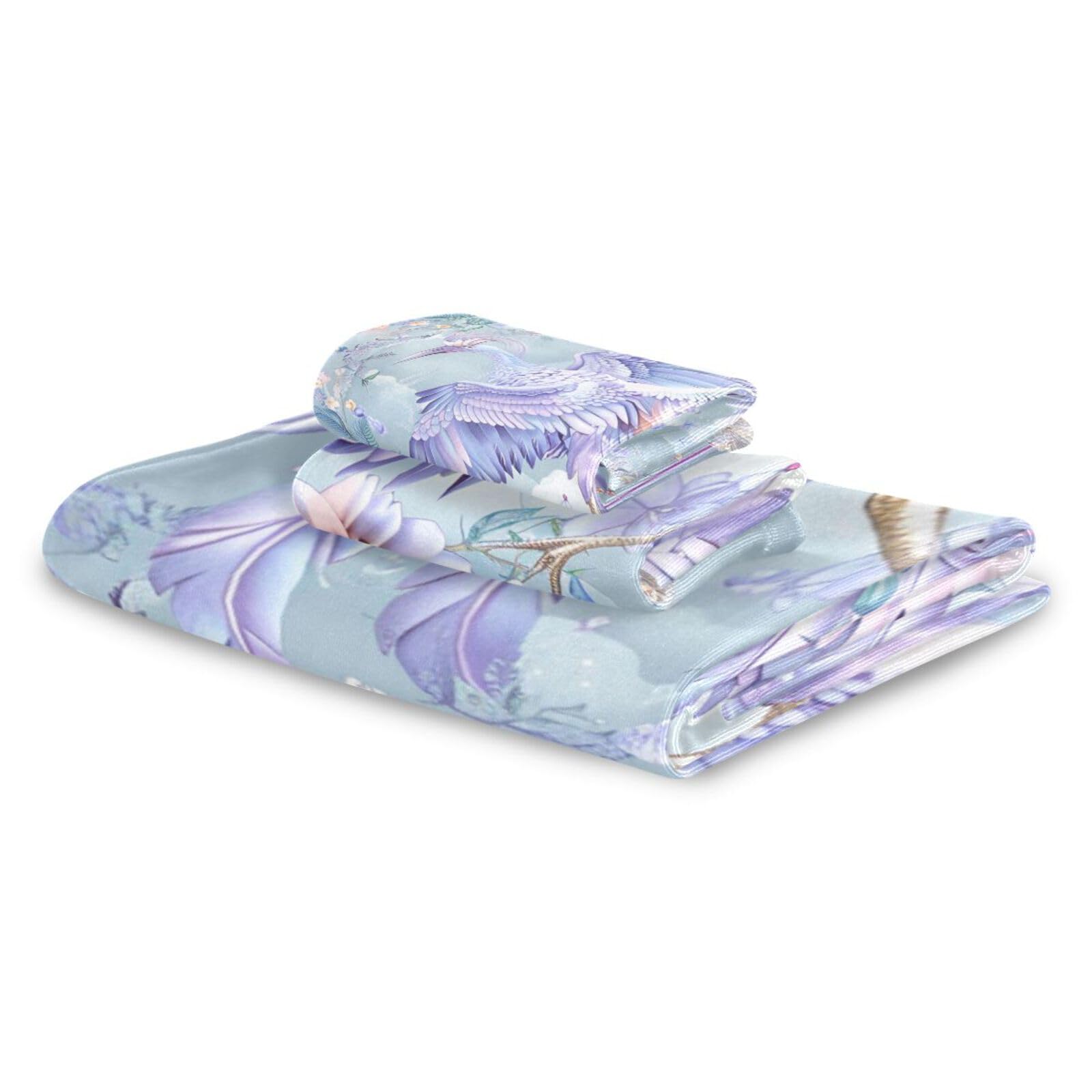 Set di 3 asciugamani morbidi in stile bohémien con fiori e gru viola, 1 asciugamano da bagno, 1 asciugamano per le mani, 1 panno per la casa, cucina e famiglia