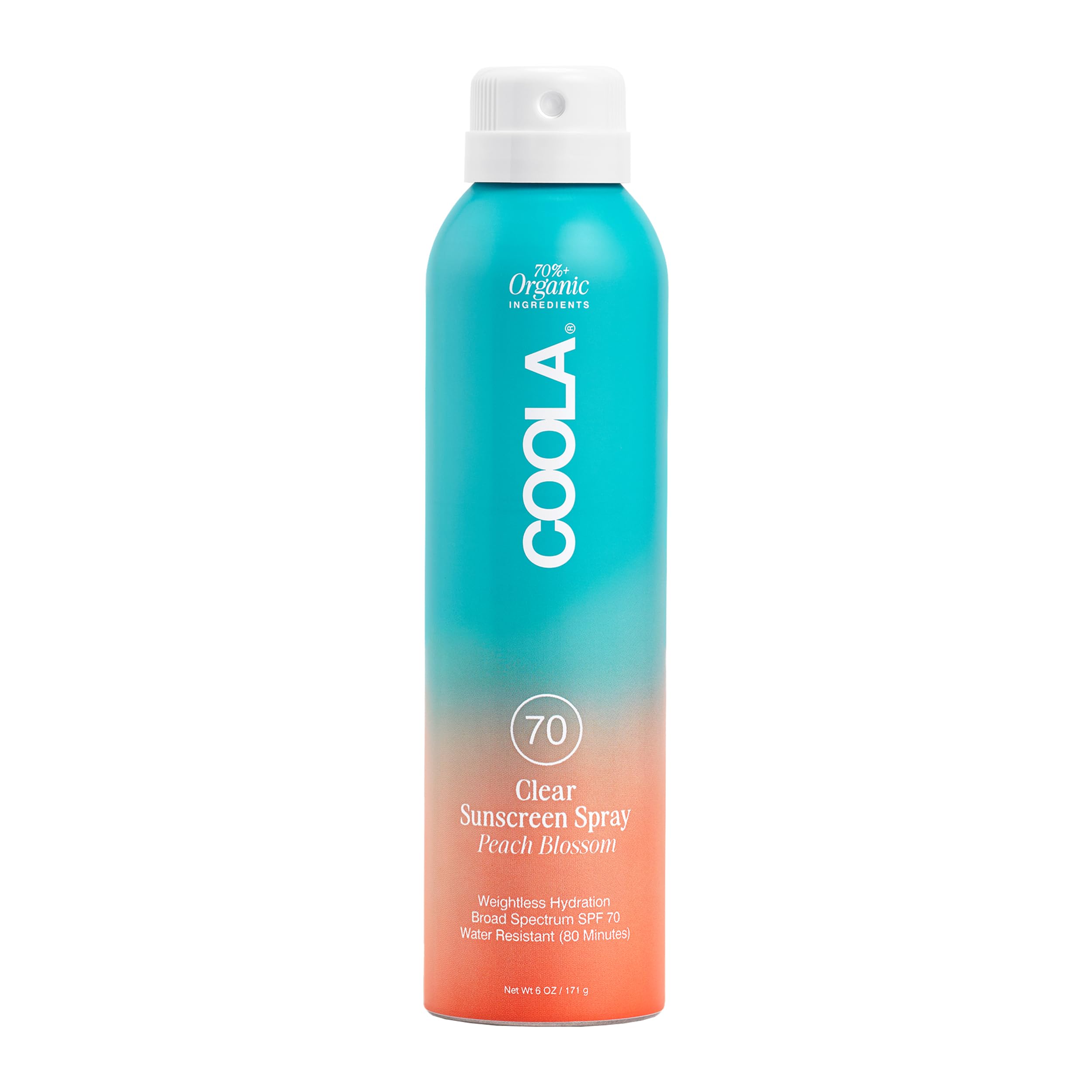 COOLAOrganic Classic Sunscreen Body Spray, Broad Spectrum SPF 70, Reef-Safe, Peach Blossom, 6 Fl Oz