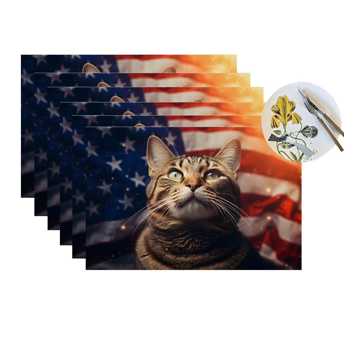 Set di 6 tovagliette con gatto bandiera americana del 4 luglio, lavabili e resistenti al calore, in vinile PVC, per cucina, sala da pranzo, decorazione da tavolo