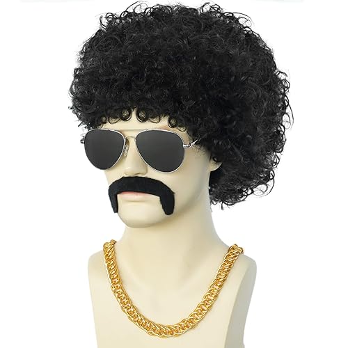Miniatura 4 de JoneTing 4 pelucas afro negras para hombre, collar + barba + gorra de peluca peluca disco de los años 70 para hombres, peluca afro para hombres,