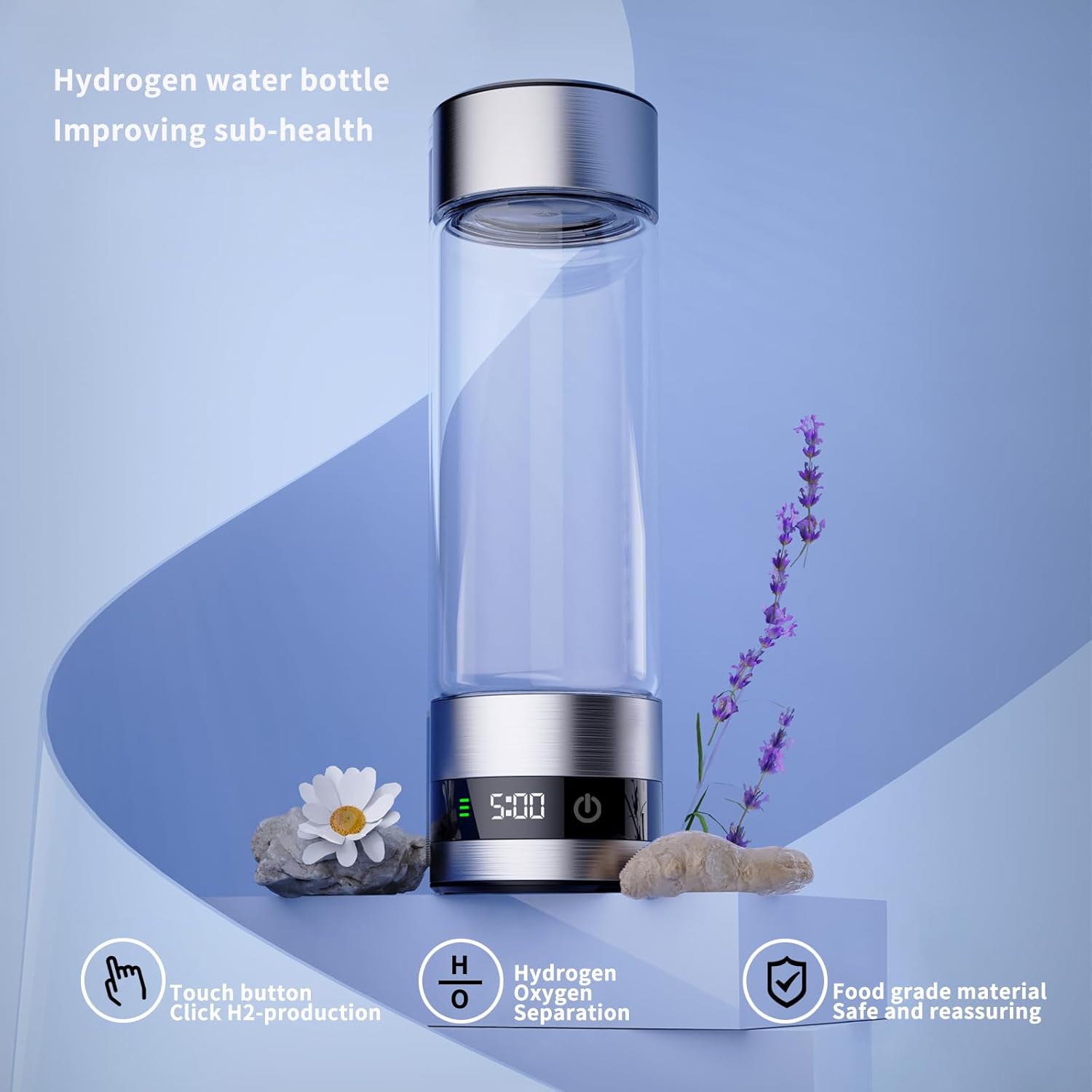 16 oz Hydrogen Water Bottle | Generator with Ti-Pt Electrode & PEM Electrolysis Tech | Stainless Steel & Glass + Touch Screen | Silvery Portable Design for Sports Office Outdoor Travel & Families
