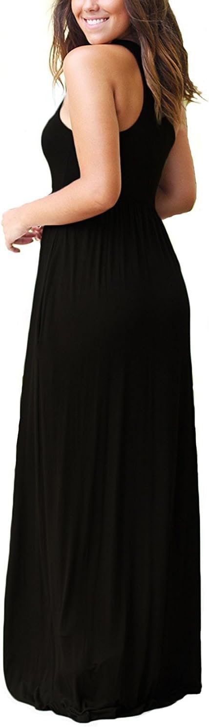 GRECERELLE Womens Summer Maxi Casual Dress Ladies Racer Back Long Beach Dress with Pocket, Short-Sleeve Crew-Neck Loose Dresses for Women XS 01 Black