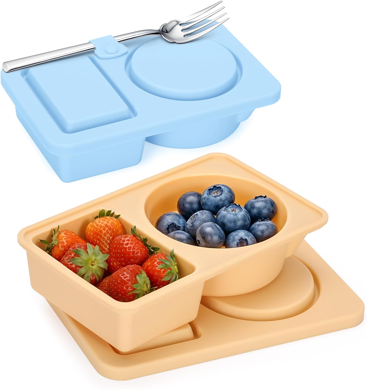 2 PCS Silicone Snack Containers with Lids, Reusable Snack Containers Lunch Box with Double Compartment for Fruits Jams Condiments (Khaki&Blue, 2Pcs) 2 PCS Silicone Snack Containers with Lids, Reusable Snack Containers Lunch Box with Double Compartment for Fruits Jams Condiments (Khaki&Blue, 2Pcs)