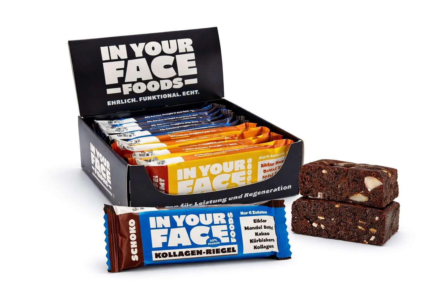 Kollagen Riegel 12er Box – Aus 100% Natürlichen Zutaten, Gesüßt Mit Datteln – Ohne Zusatz- & Süßstoffe – Gesunder Snack, Paleo & Clean Eating – 6x Schoko & 6x Apfel-Zimt – IN YOUR FACE FOODS