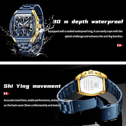 Miniatura 5 de OLEVS Relojes para Hombres Cronógrafo Impermeable Cara Rectangular Fase Lunar Correa de Acero Inoxidable Relojes de Vestir para Hombres Luminoso