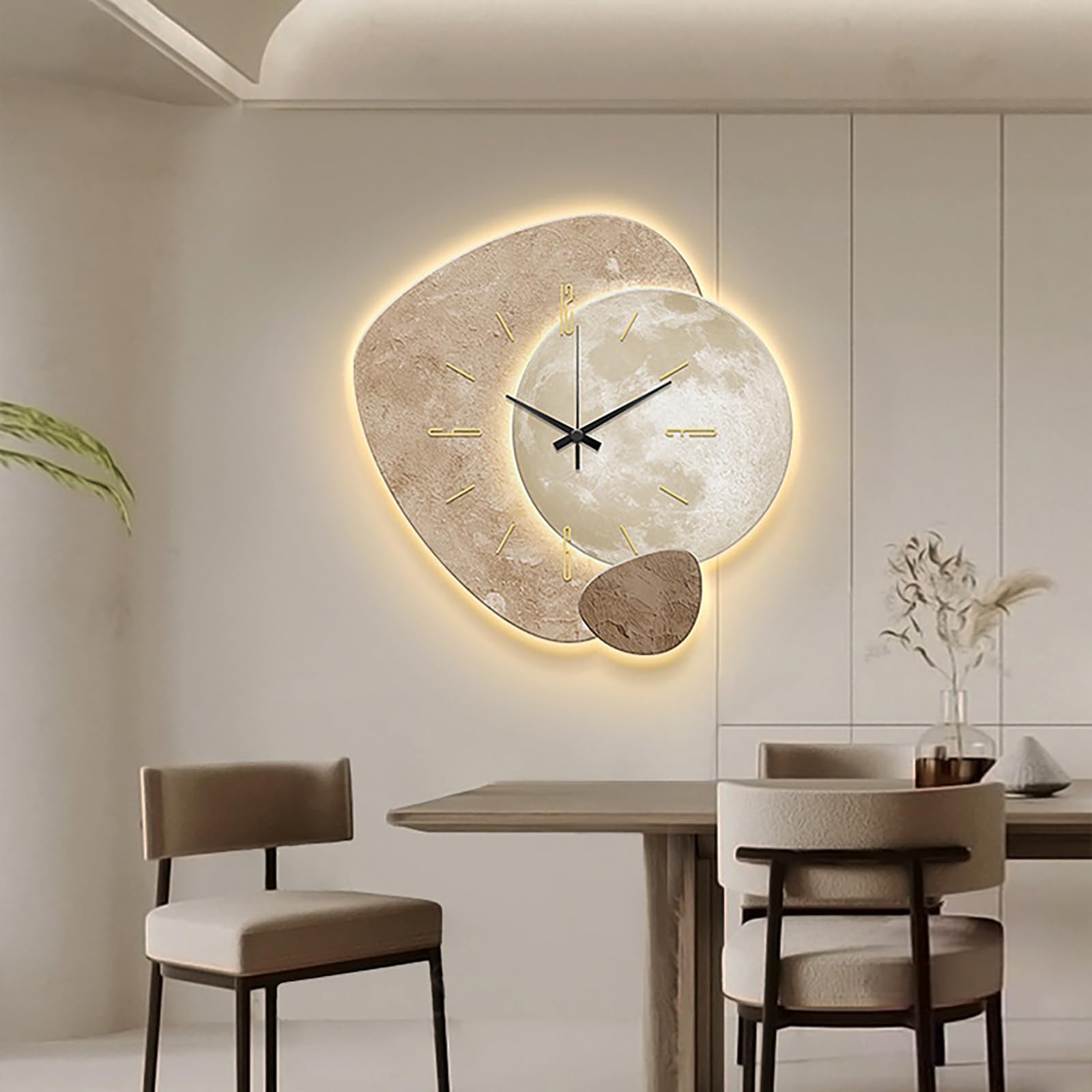 3D Wall Art Decor Clock, Large 3D Wall Sculptures with LED Light, Modern Home Decorative Wall Clocks Acrylic Painting for Living Room Bedroom Entrance Decor(19.7"x19.7", Beige)