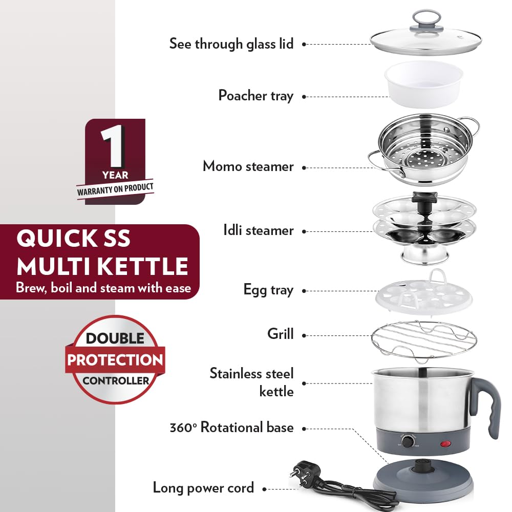 Borosil 1.3L Quick Made in India Electric Steel Kettle with Steamer | Temperature Control Knob, Overheat Protection | For Boiling & Steaming Vegetables, Momo, Egg, Tea, Coffee | 1 Year Warranty 3