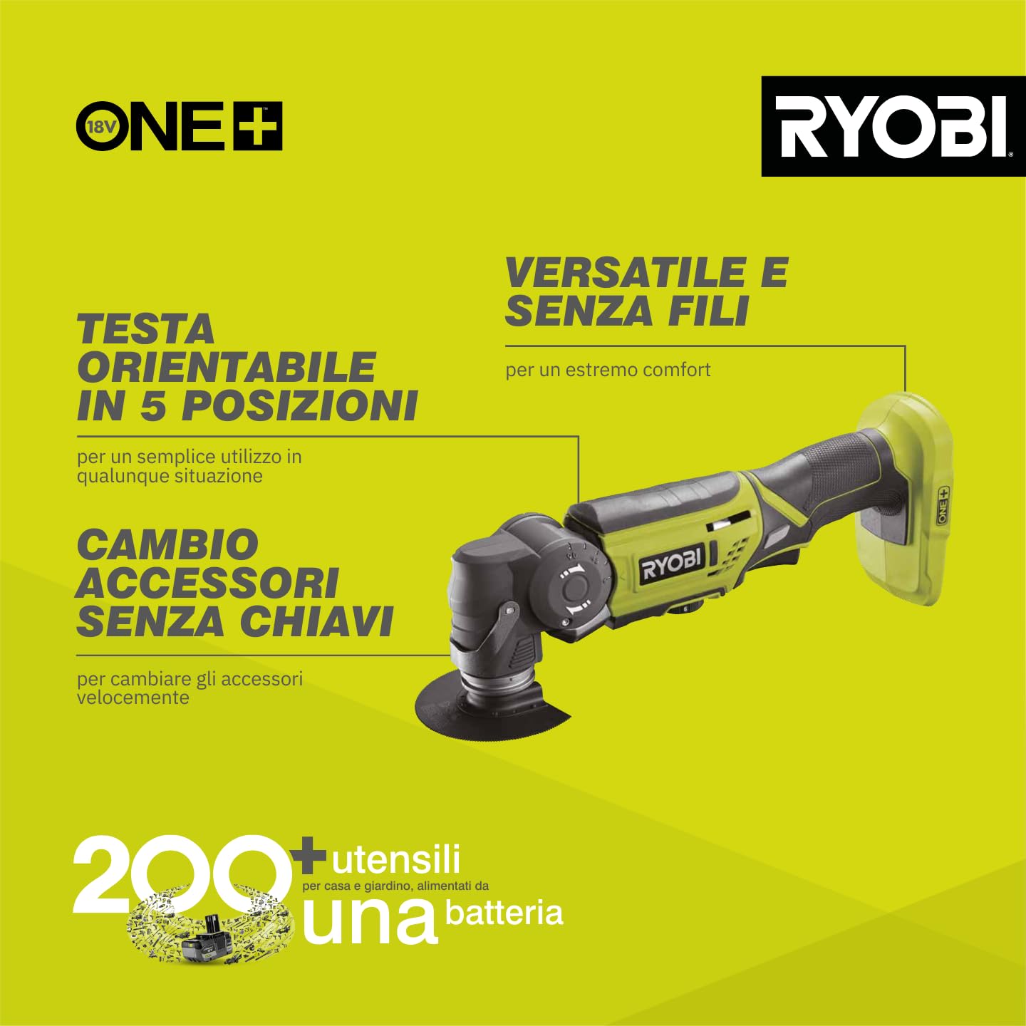 Ryobi R18MT-0 Utensile Multifunzione a Batteria 18V ONE+, Testa Orientabile 4 Posizioni, Velocità Variabile 6 Posizioni