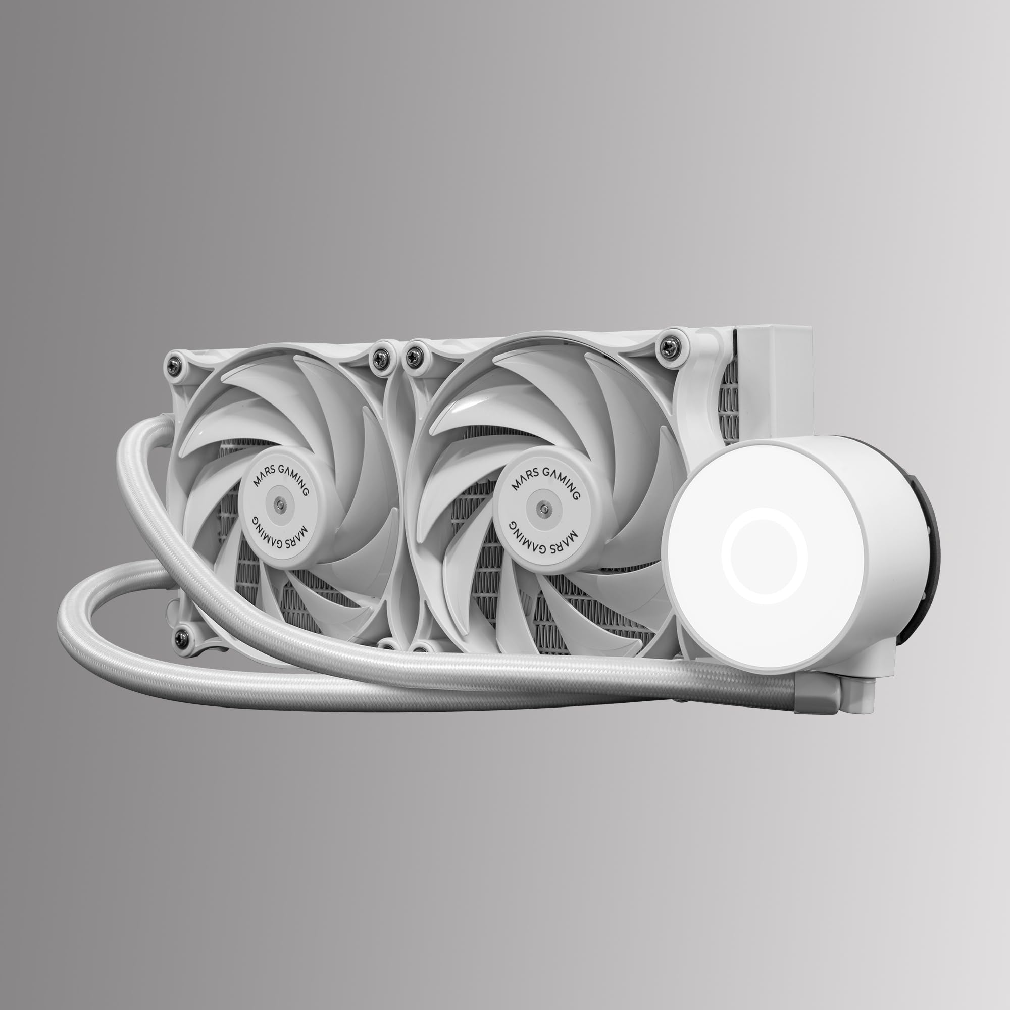 Mars Gaming ML-PRO240, Refrigeración Líquida CPU Profesional, TDP 450W, 2 Ventiladores FDB Ultra-silenciosos, Bomba Opti-Chamber con Anillo de Iluminación Blanco, Multisocket Universal, Blanco