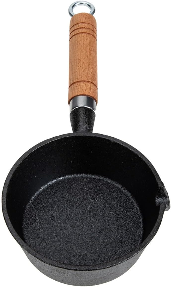 BESPORTBLE Small Cast Iron Saucepan 16cm with Wood Handle, Mini Pour Oil Pan for Kitchen Cooking and Butter Melting, Heat Resistant Mini Iron Pot for Sauce and Milk Warming