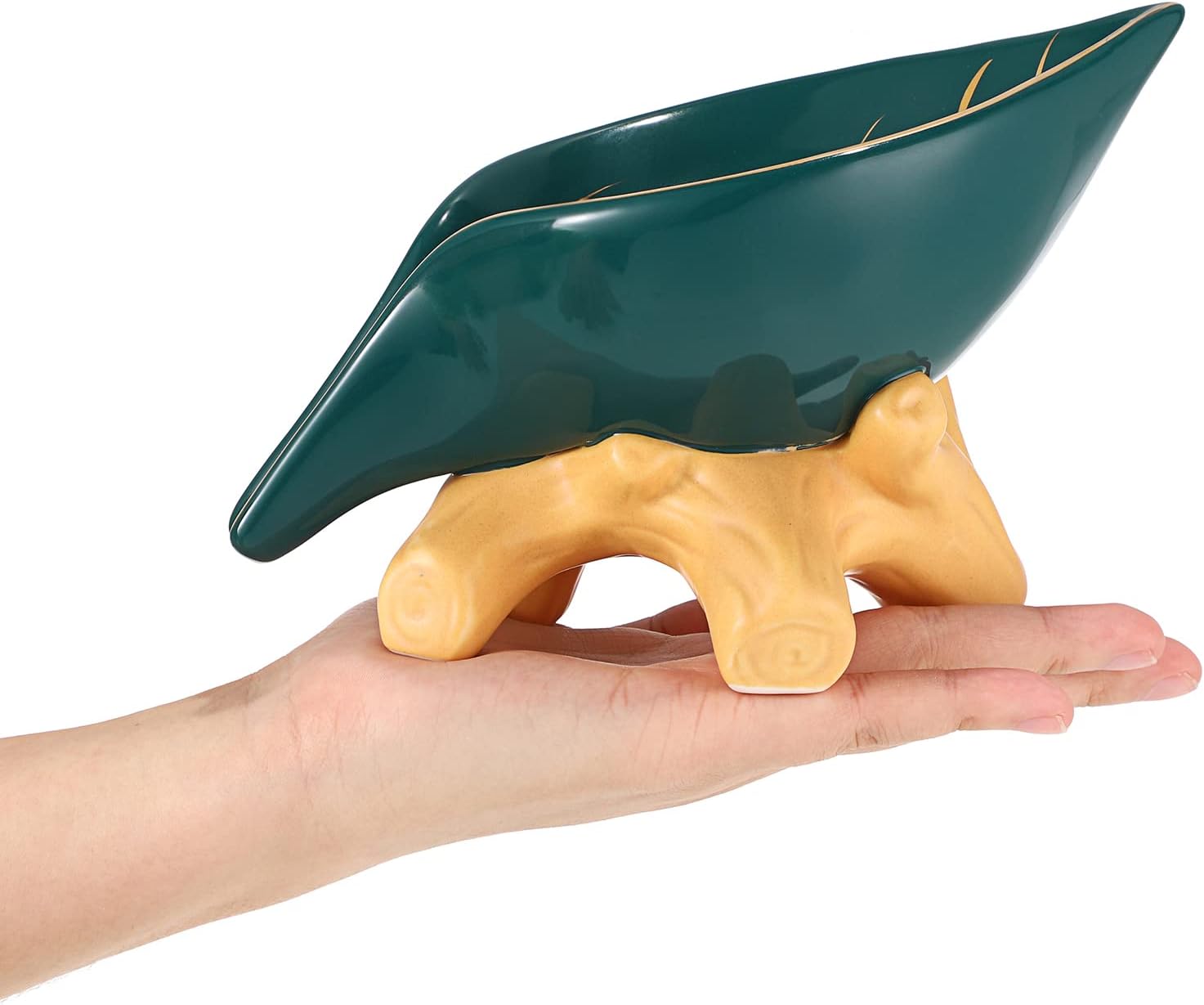 JUXYES Ceramic Leaf Shape Self Draining Waterfall Soap Dish Holder | Green Decorative Soap Dish Tray with Drainage, Fits Most Standard Bar Soaps for Bathroom, Kitchen, Washroom, or Toilet