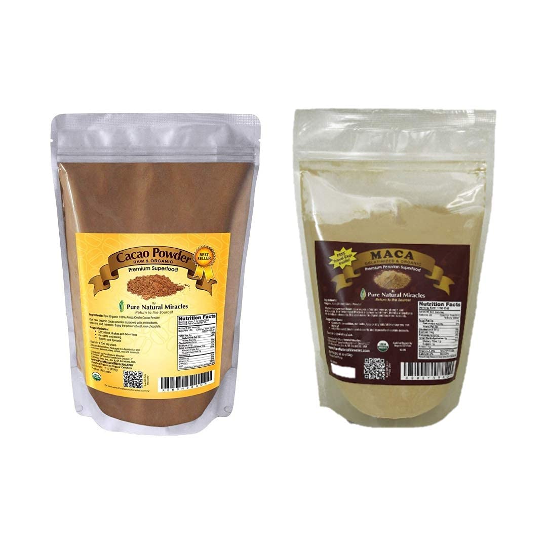 Pure Natural Miracles Cacao Powder and Maca Powder Gelatinized 1 lb - Organic Unsweetened