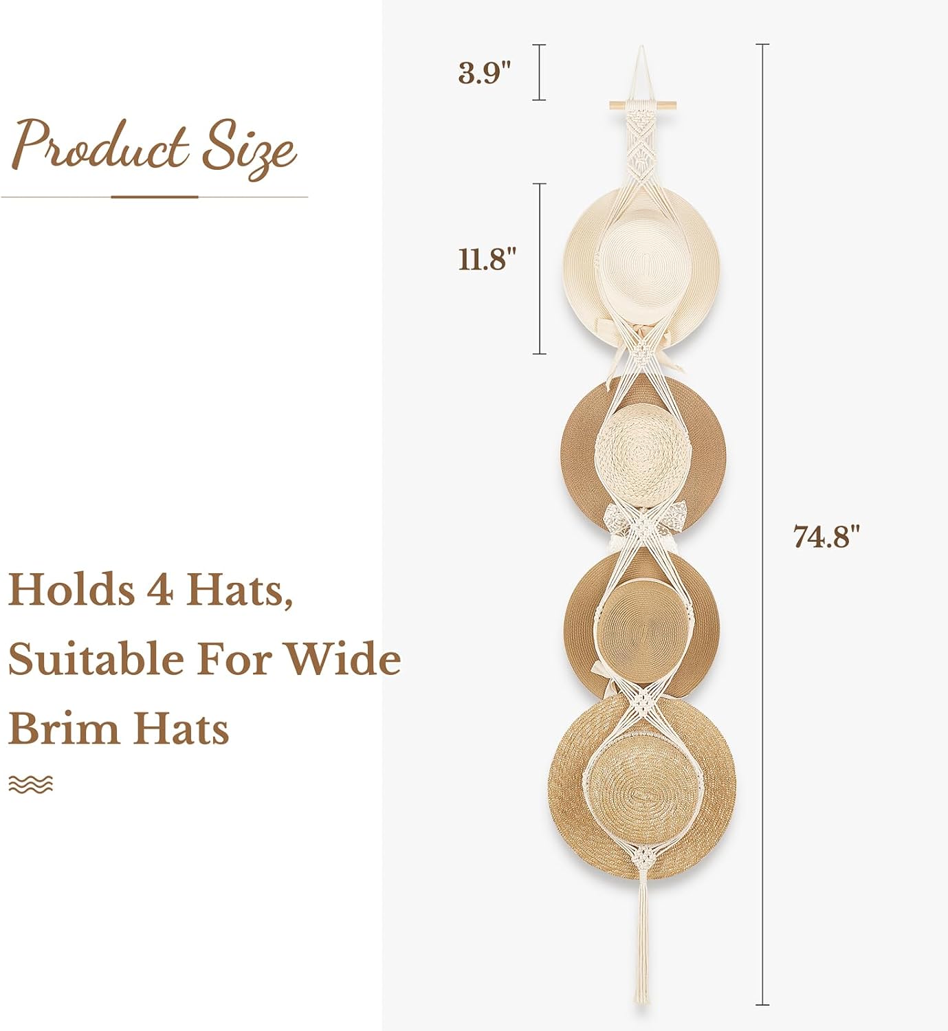 Dahey Macrame Hat Hangers for Wall Cowboy Hat Holder Organizer, 4 Hat Style image 5