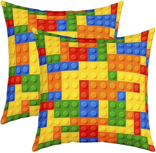 Loussiesd Set of 2 Games Throw Pillow Covers 60x60cm, Color Building Blocks Cushion Case for Home Living Room Decor, Reversible Toy Brick Decorative
