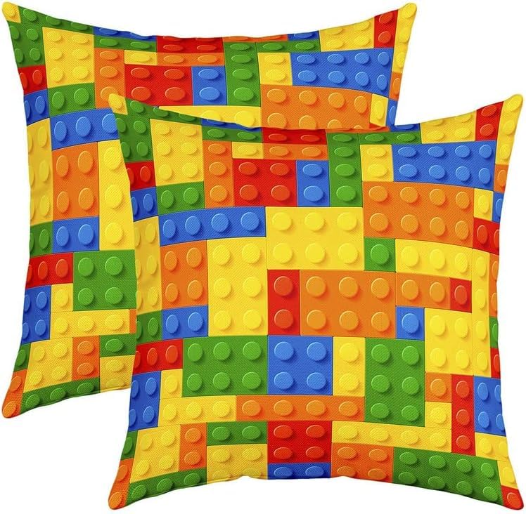Loussiesd Set of 2 Games Throw Pillow Covers 55x55cm, Color Building Blocks Cushion Case for Home Living Room Decor, Reversible Toy Brick Decorative