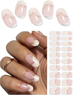 Semi Cured Gel Nail Strips, Irregular French, Gold Line 20pcs Gel Nails Sticker UV for Home Nails DIY