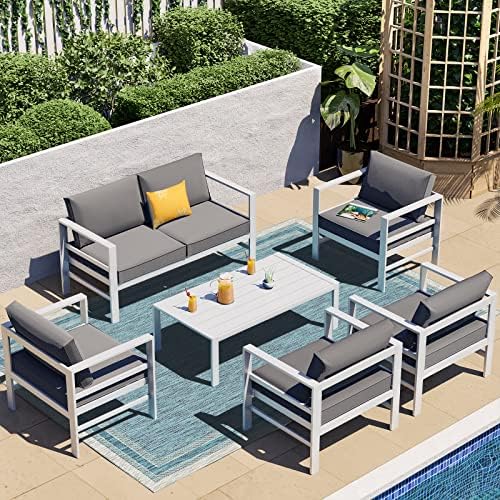 FYRICKYLINOO 6 Pieces Aluminum Outdoor Patio Furniture Set, White Modern Aluminum Outdoor Conversation Furniture Set,All-Weather Metal Patio Sectional Furniture Set with Sofa Couch, Light Grey
