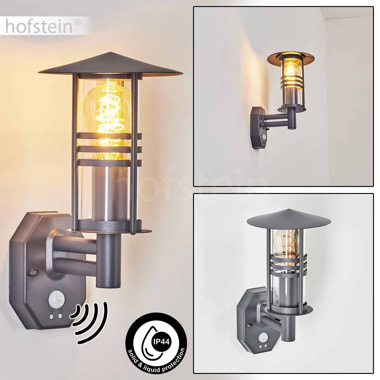 Zewnętrzna lampa ścienna Forli, lampa ścienna z czujnikiem ruchu wykonana z metalu/szkła w kolorze antracytowym/przezroczystym, lampa ścienna z kloszem wykonanym ze szkła/patio, E27, bez żarówki, IP44