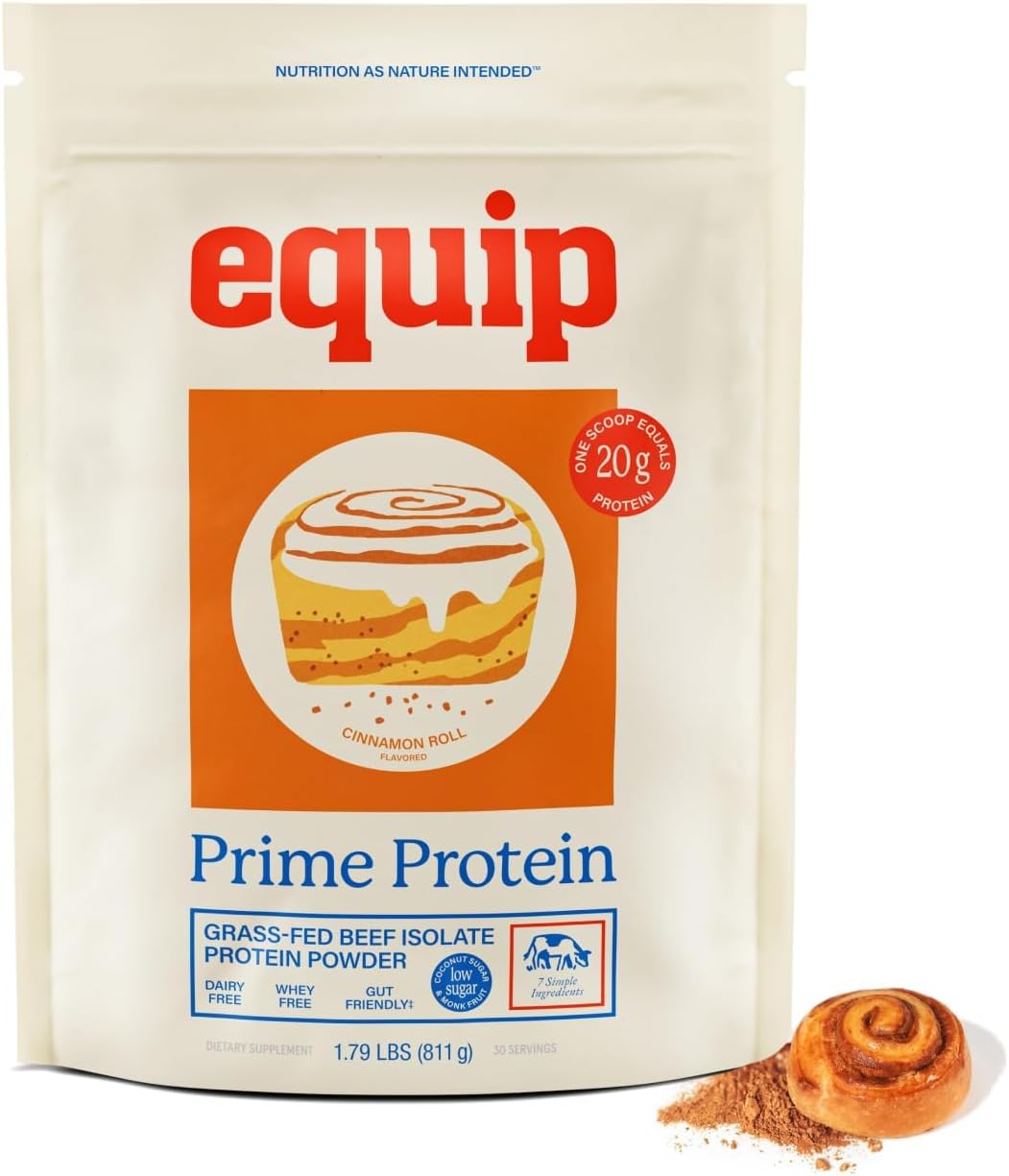 Equip Foods Prime Protein Powder | Clean, Grass Fed Beef Protein Powder for Women & Men | Carnivore Protein Isolate | Paleo, Keto Friendly | Gluten, Dairy Free | 30 Servings, Cinnamon Roll