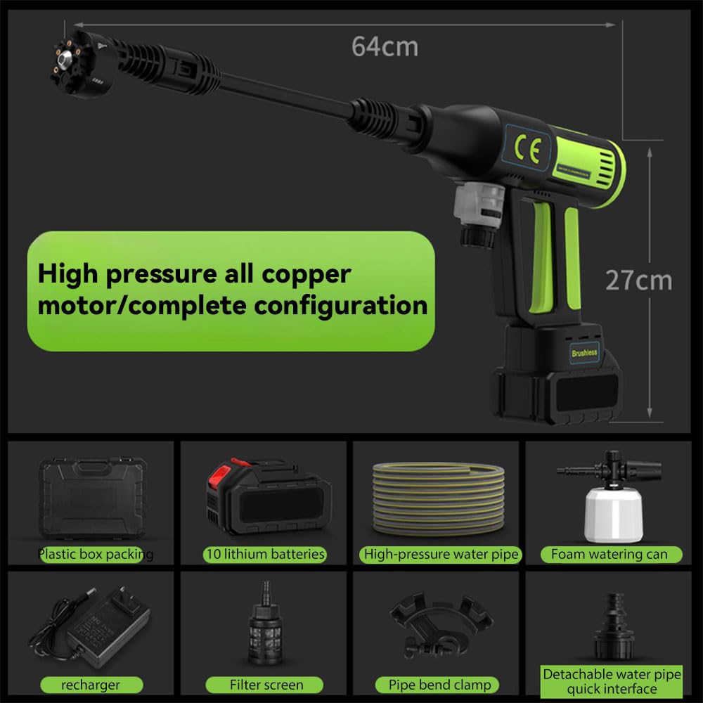 Pulitore ad alta pressione senza fili con 65 Bar & 6 modalità spray (Verde) | Ugello portatile 6 in 1 per auto, pistola ad acqua lavaggio auto con batterie, raccordo rubinetto per auto, Jardi