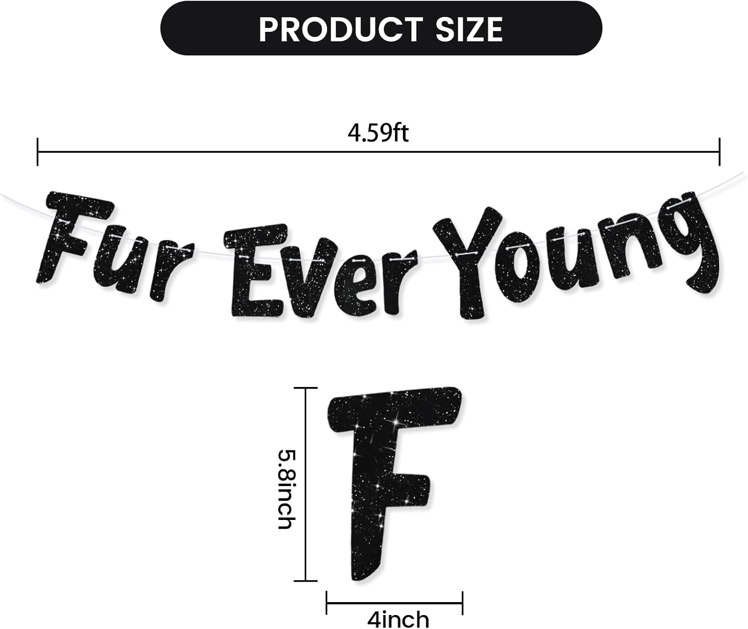 BEISHIDA Black Glitter Furever Young Banner,No DIY,Dog/Cat Birthday Decoration Banner, funny party Supplies for Puppy and Kitten image 3