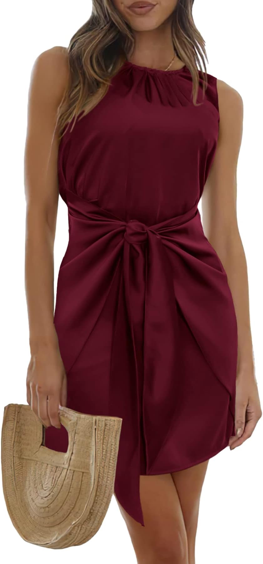 PRETTYGARDEN Women's Spring Satin Dress Long Sleeve Tie Waist Elegant Cocktail Party Mini Fall Dresses