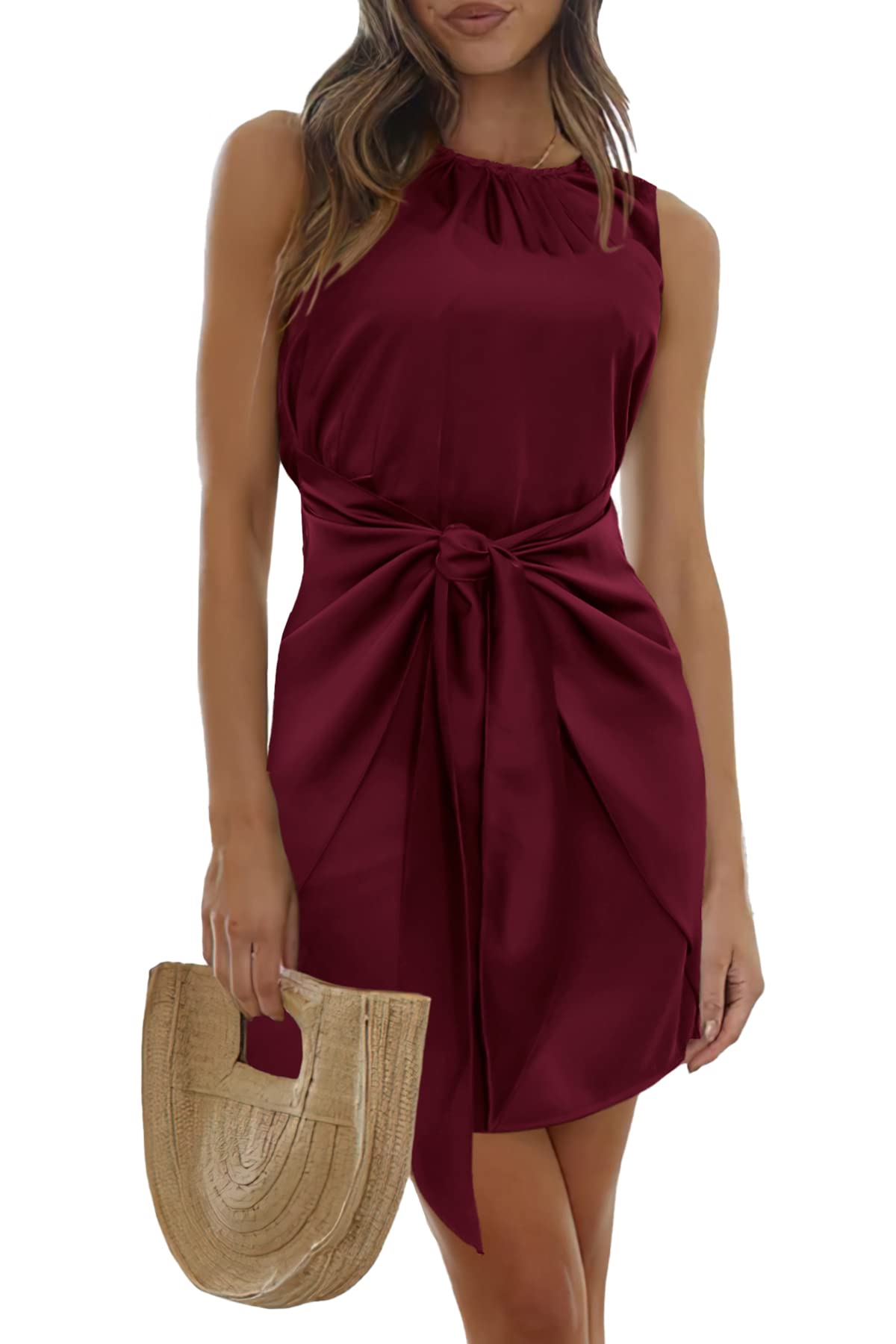 PRETTYGARDEN Women's Spring Satin Dress Long Sleeve Tie Waist Elegant Cocktail Party Mini Fall Dresses