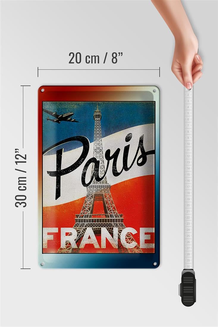 Targa In Metallo Vintage Con Bicicletta, Fiori E Torre Eiffel - Decorazione Da Parete 30,5x20,3 Cm