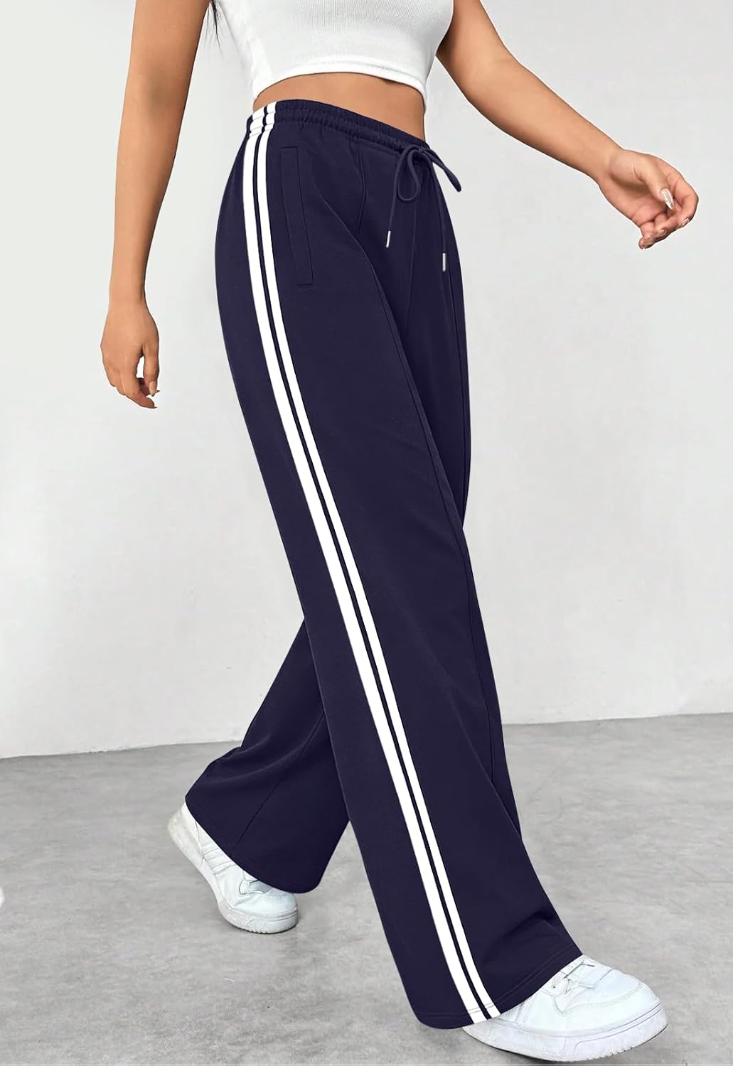 ALIMASHA Track Pants Women High Waisted Wide Leg Lounge Pants Y2K Baggy Striped Joggers with Pockets Sweatpants