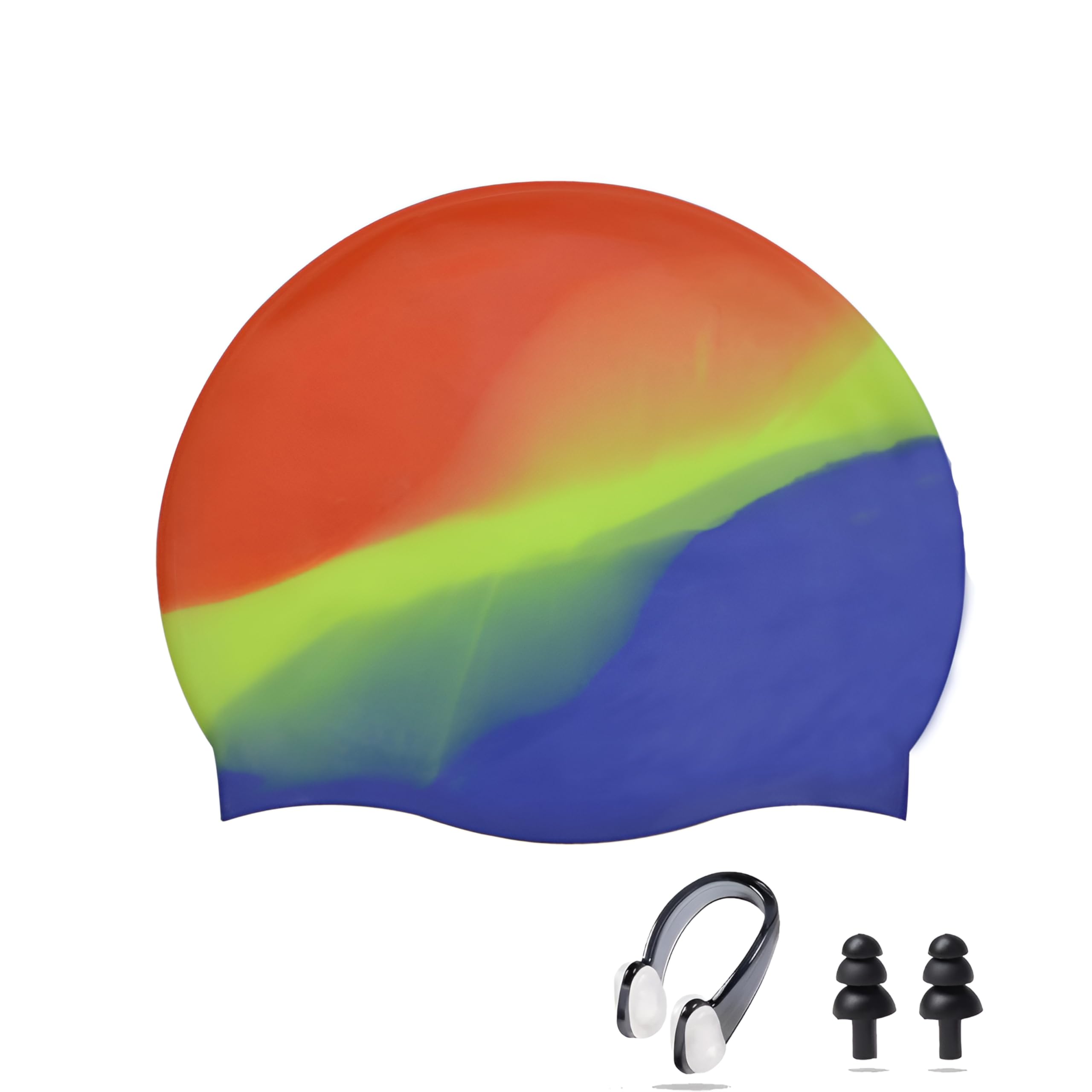 Ancaiqi Swimming Caps, Colourful Waterproof Printed Swimming Cap, Silicone and Nylon Fabric Swimming Caps, Nose Clip Ear Plugs for Men and Women Adults