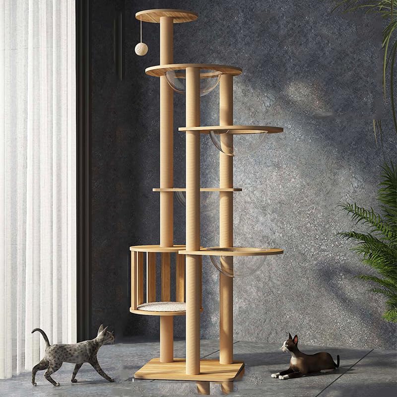 72.1-Inch Cat Tree for Indoor Cats Large Adult, 4 Bowl,12 Sisal Scratching Posts,1 Cat cage,Top Perch, Toy Balls,Larg Large cat Tree,Wood cat Tree,(YN