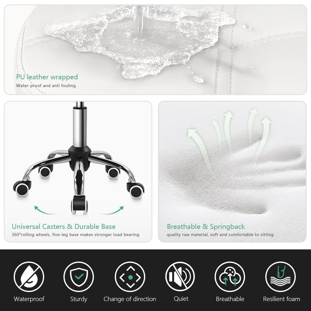 FURWOO Taburete Ovalado Rodante Altura Ajustable Sillón de Masaje con Ruedas para SPA Salón Blanco